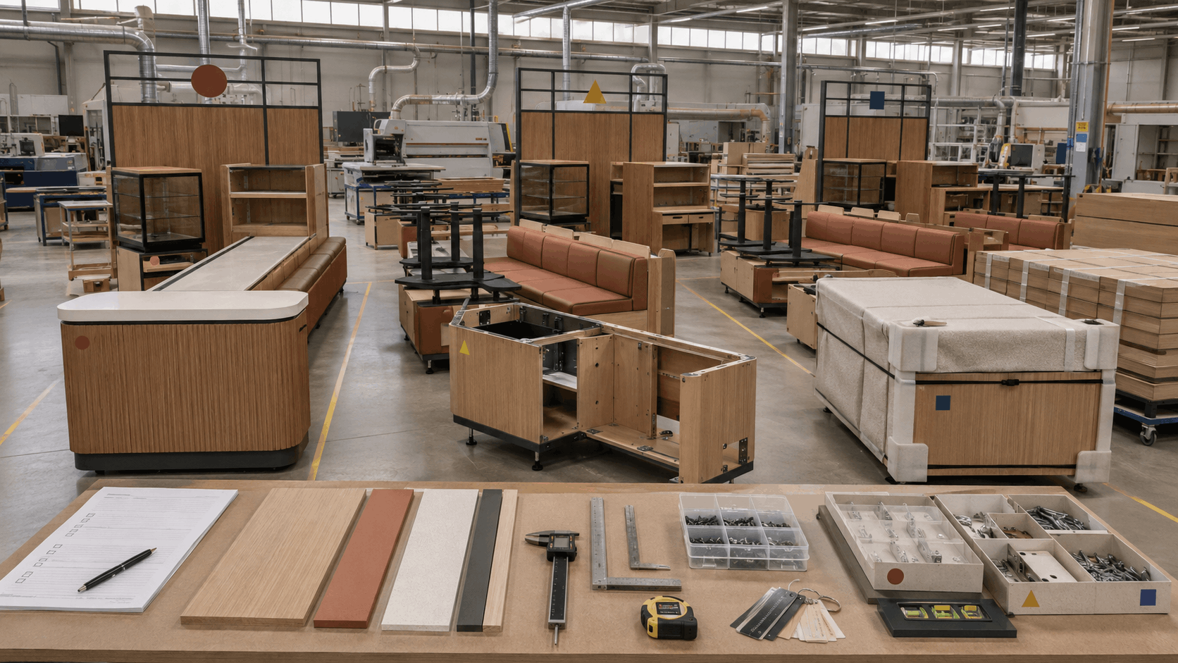 Factory floor with counters, banquettes, and service stations for multiple outlets being manufactured in parallel, alongside material samples and hardware kits